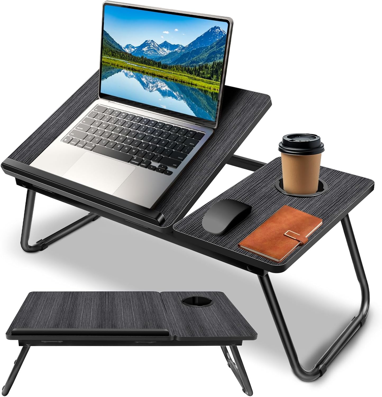 Mesa de colo dobrável para notebook ajustável em 5 níveis com compartimento para copo e suporte de leitura bandeja café da manhã leve portátil multifuncional para cama sofá terraço varanda casa escritório estudo viagem