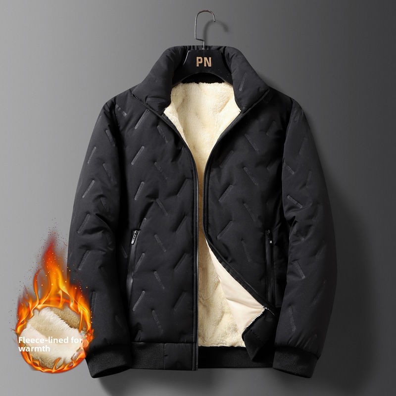 Men's Thickened Fleece Lined Cotton Jacket Stand Collar Autumn Winter Warm Windproof Large Size Casual Cleanfit Long Sleeve Coat