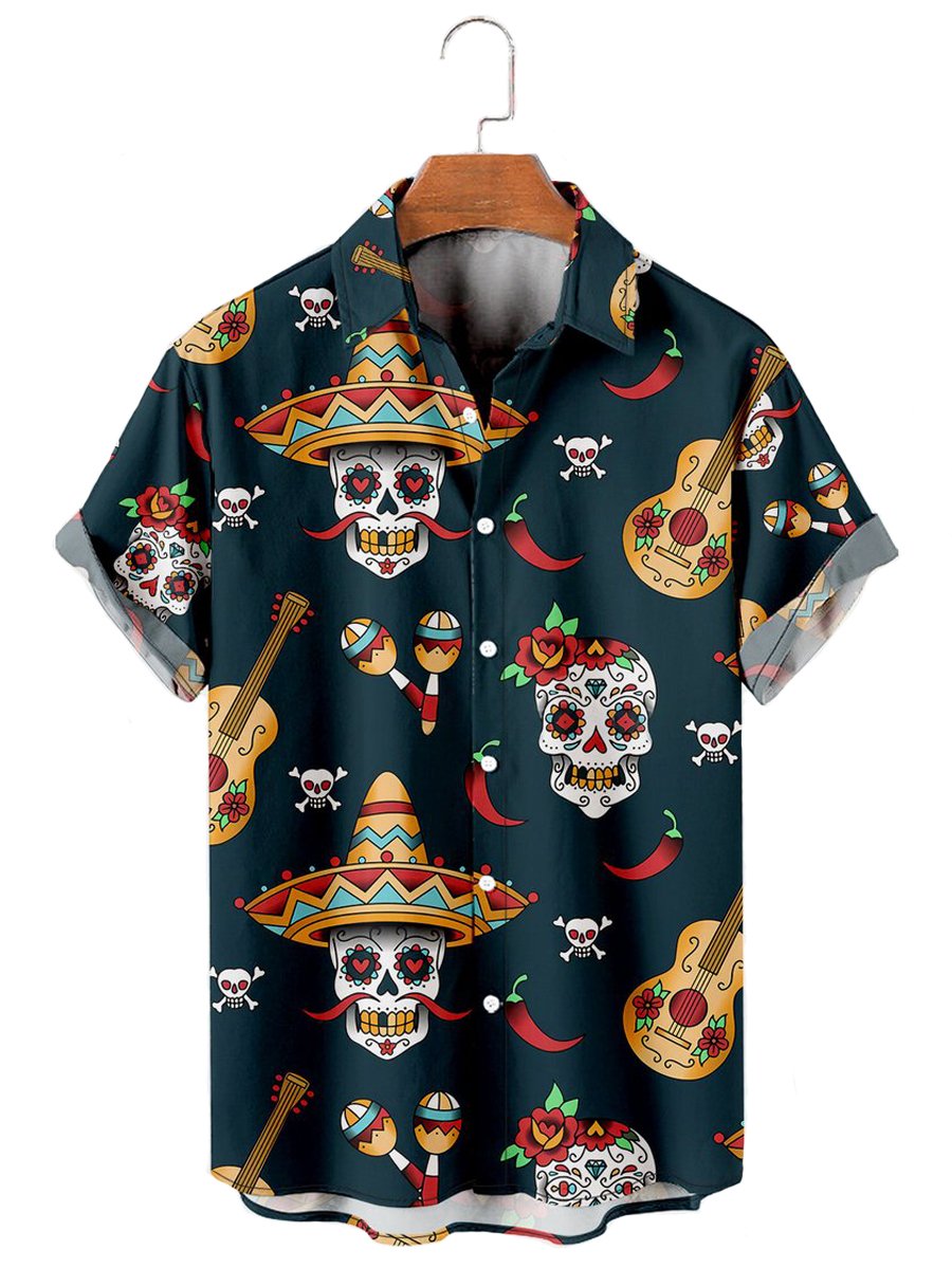 Moda crânio floral camisas masculinas engraçado crânio impressão 3d streetwear manga curta t camisa havaiana impressão lapela camisas para homem