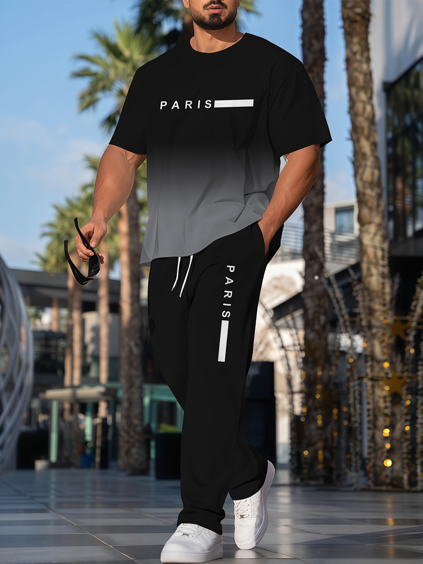Set Estivo alla Moda per Uomo: T-Shirt Traspirante con Stampa Sfumata e Pantaloni, Completo Casual da Esterno in Due Pezzi