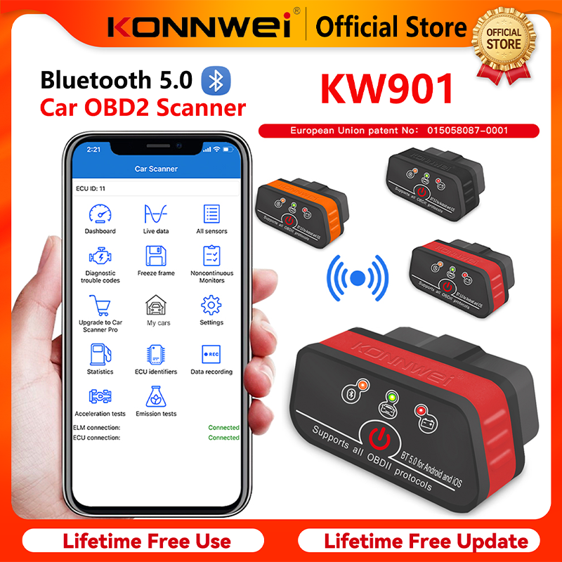 เครื่องสแกนรถยนต์ KONNWEI KW901 ELM 327 Obd2 V1.5 บลูทูธ 5.0 สำหรับ Android/IOS รุ่นปี 2026 เครื่องมือวิเคราะห์รถยนต์ อ่านโค้ด pk Vgate ICAR2