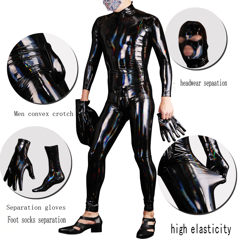 Faux Latex หนัง PVC Dazzle สีรวมทุกอย่างบอดี้สูทคอสเพลย์ด้านล่างเป้า Zip Full Coat Zentai แน่น Catsuit Jumpsuits