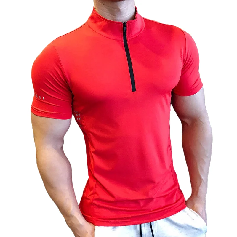 Seda de gelo masculina com tops apertados, treino de corrida, ajuste seco, manga curta, meio zíper, camiseta musculação, fitness