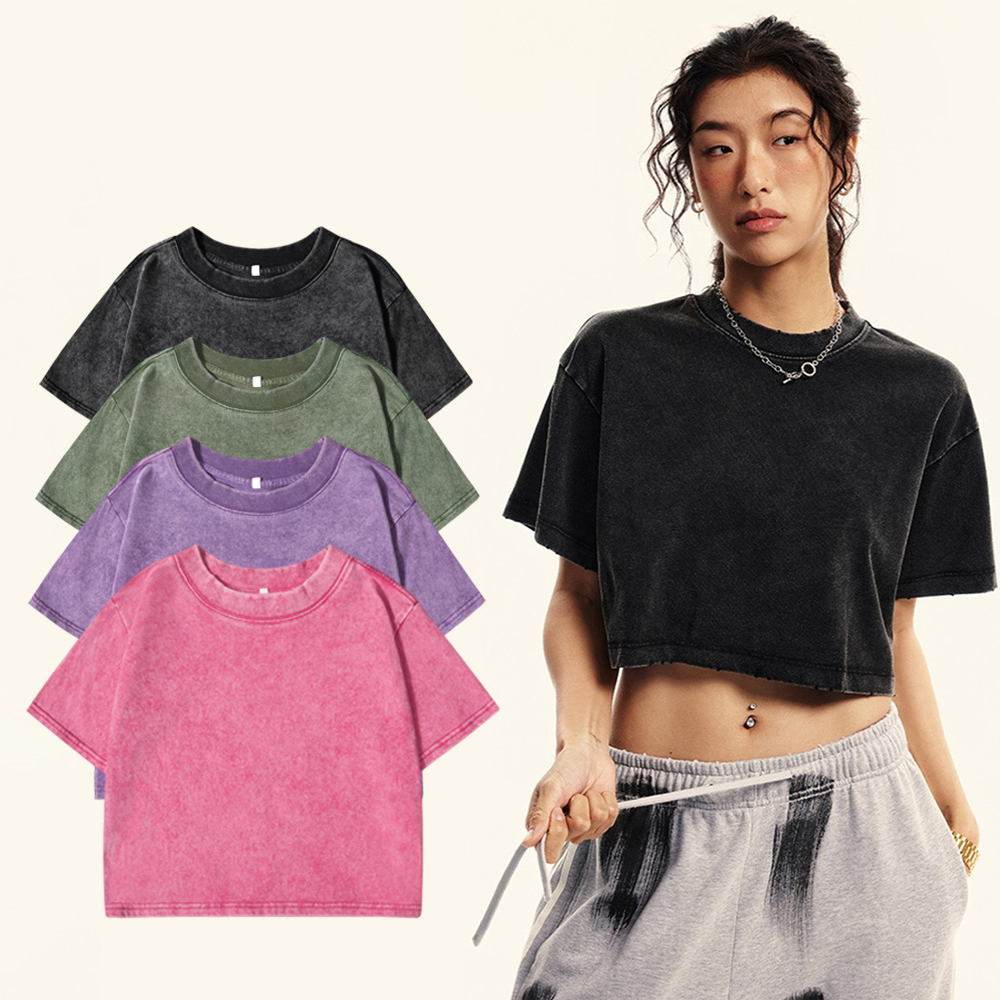 100% coton lavé T-Shirts pour femmes ample col rond culture hauts Y2k rue femme vêtements été décontracté Vintage à manches courtes T-Shirts
