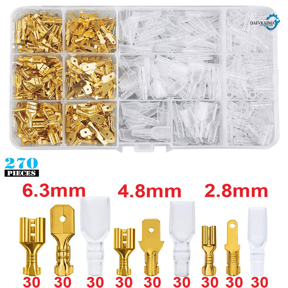 Zestaw złączy kablowych tłoczonych na zimno, izolowane, męskie i żeńskie, 270 sztuk, 2.8/4.8/6.3mm, końcówki kablowe, złącza widełkowe, różne rozmiary, w pudełku.