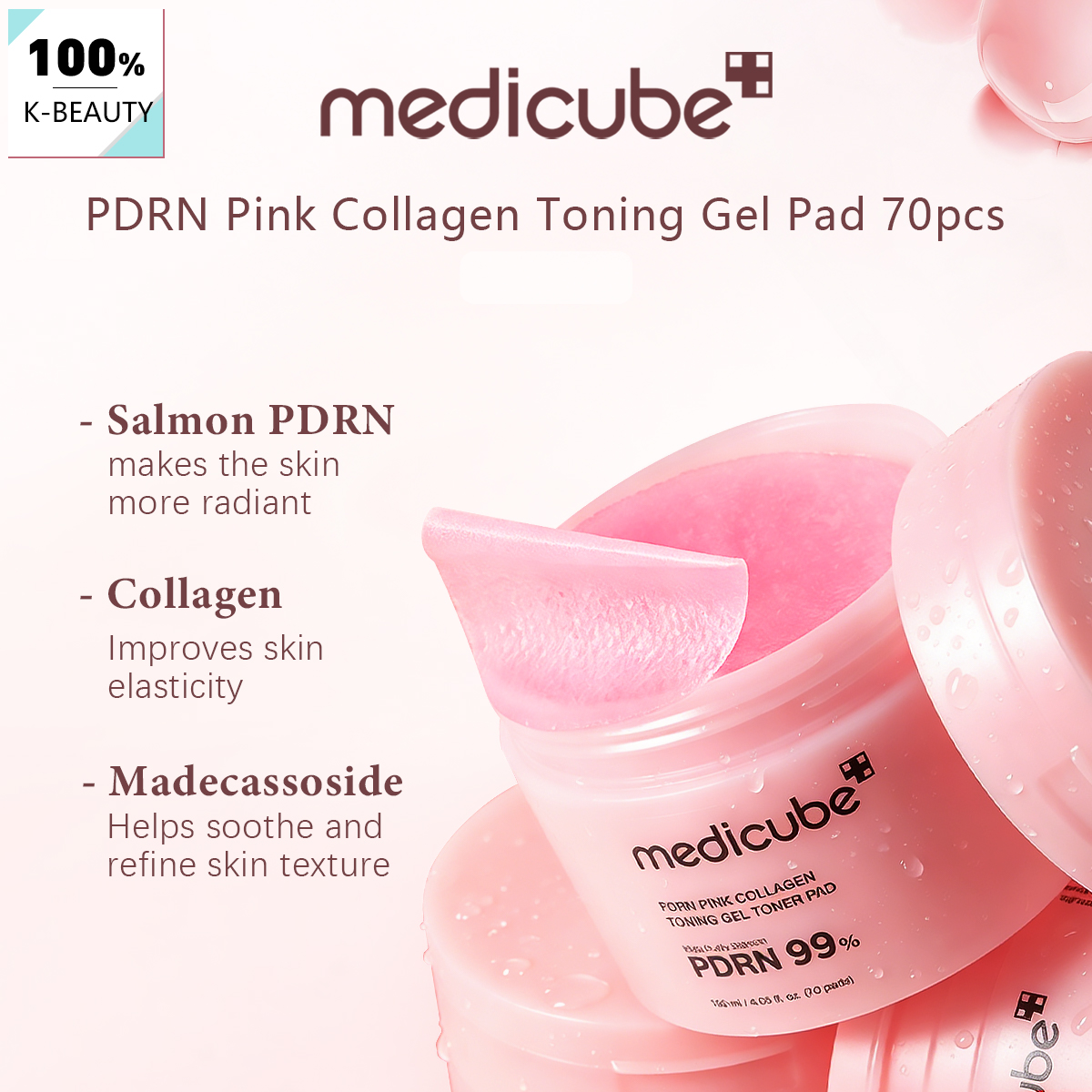 Medicube PDRN PINK COLLAGEN TONING GEL PAD 70 piezas, Suave y Amigable con la Piel, Esencia Concentrada, Abundante Esencia, Cuidado de la Piel Coreano, Maquillaje Coreano