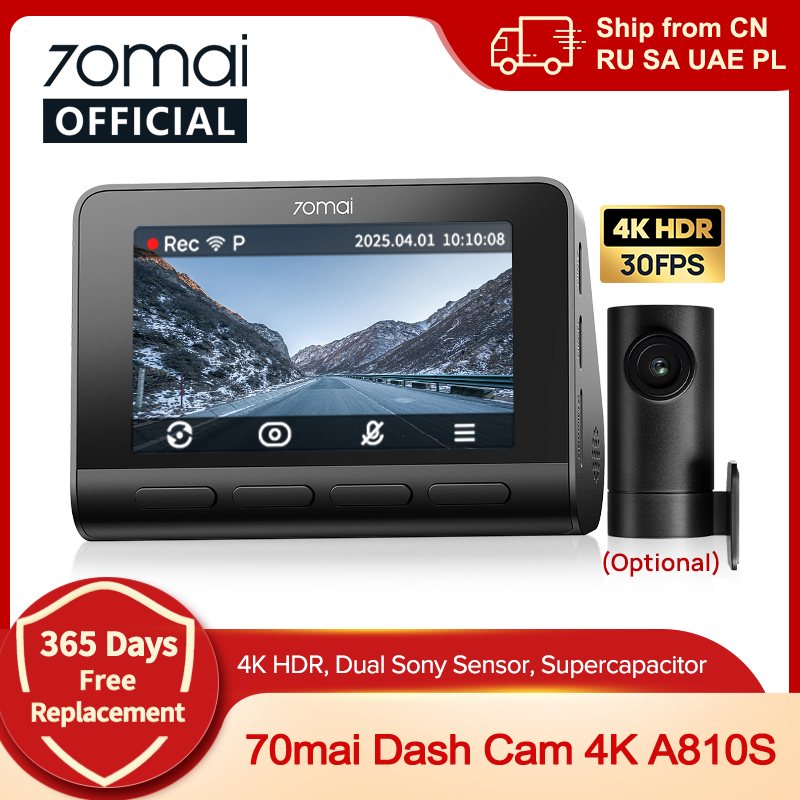 Видеорегистратор 70mai Dash Cam 4K A810S HDR с суперконденсатором, 4G LTE, Wi-Fi 6, голосовым управлением, GPS, ADAS