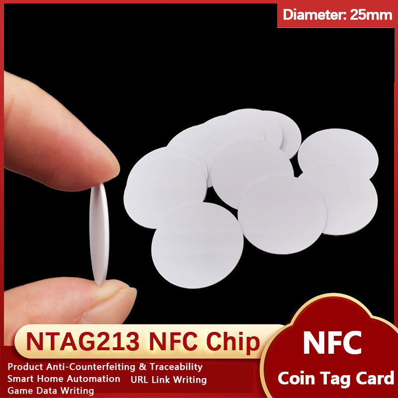 NFC215 White Rewritable NTAG215 NFC Round Coin Cards 25mm, 13.56MHz 504 Bytes Smart Labels for NFC Phones & Games