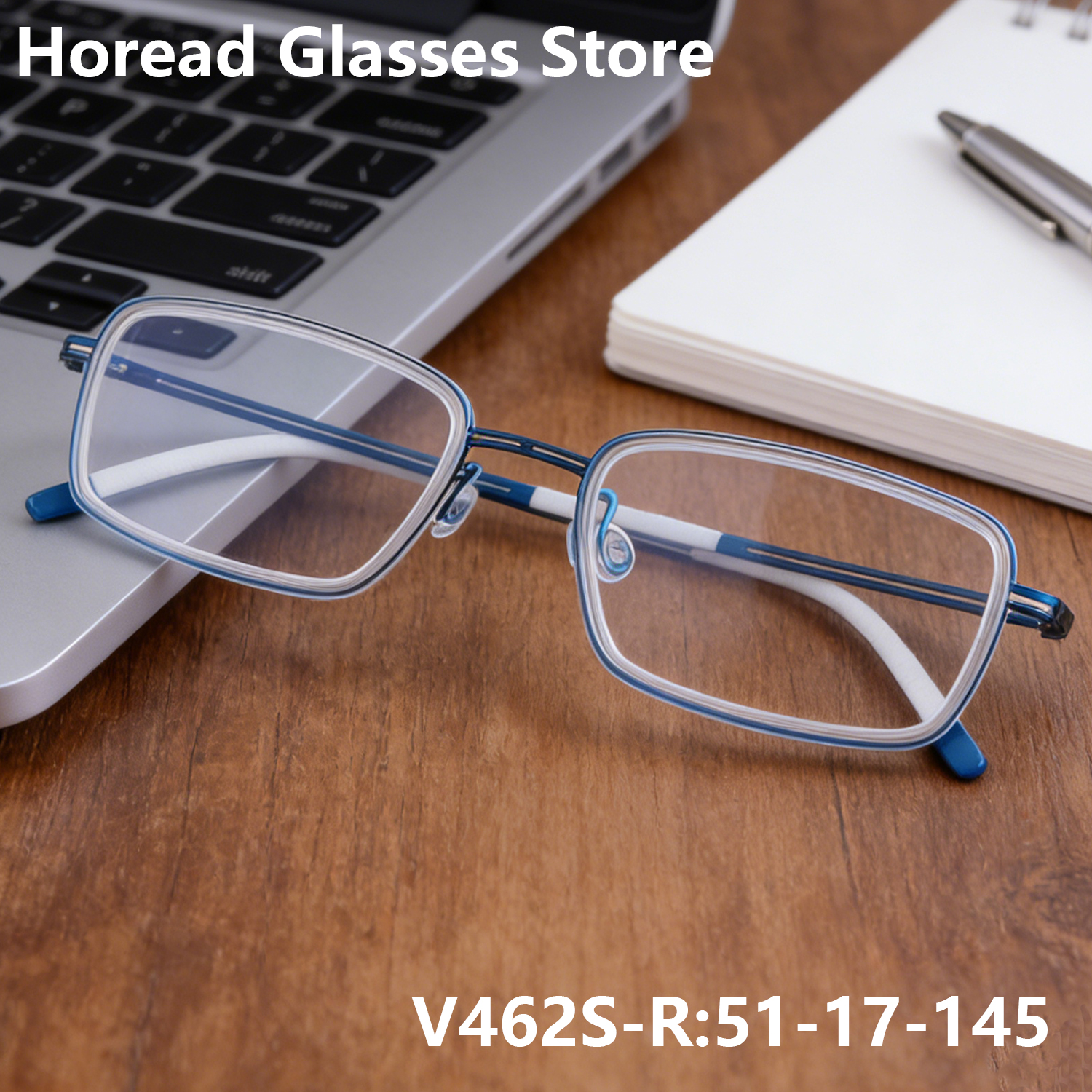 กรอบแว่นตาไทเทเนียมทรงสี่เหลี่ยมสำหรับนักธุรกิจชาวนอร์เวย์ รุ่น V462S-R แฟชั่นไร้สกรู แว่นตาบางเบาสีน้ำเงิน แว่นสายตา Gafa
