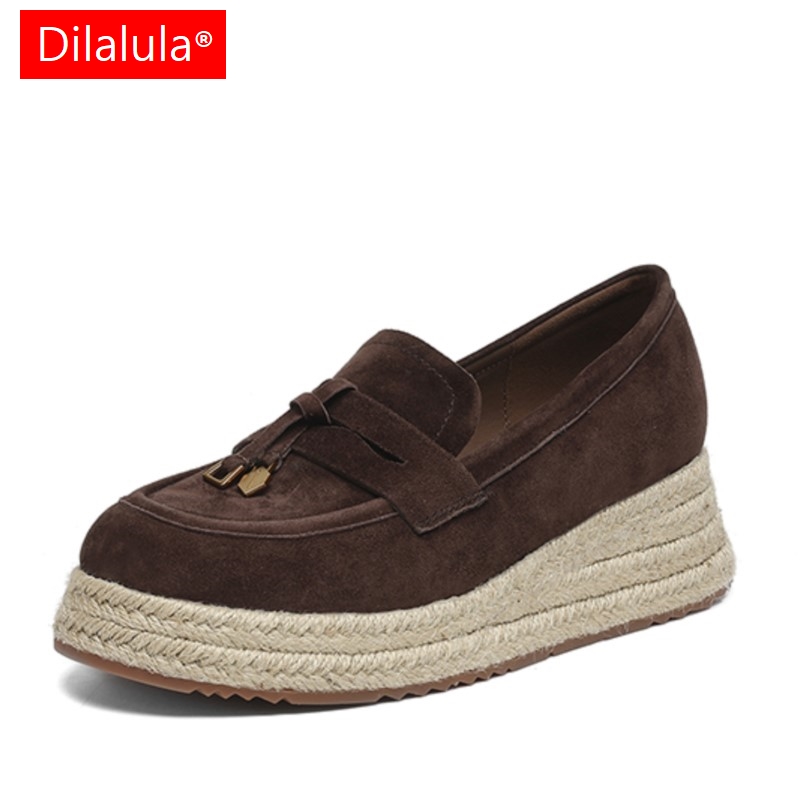 Dilalula 2026 Top Quality Genuine Leather Platform Loafers Women Straw Weave Med Wedges Heels Pumps Female Autumn Shoes