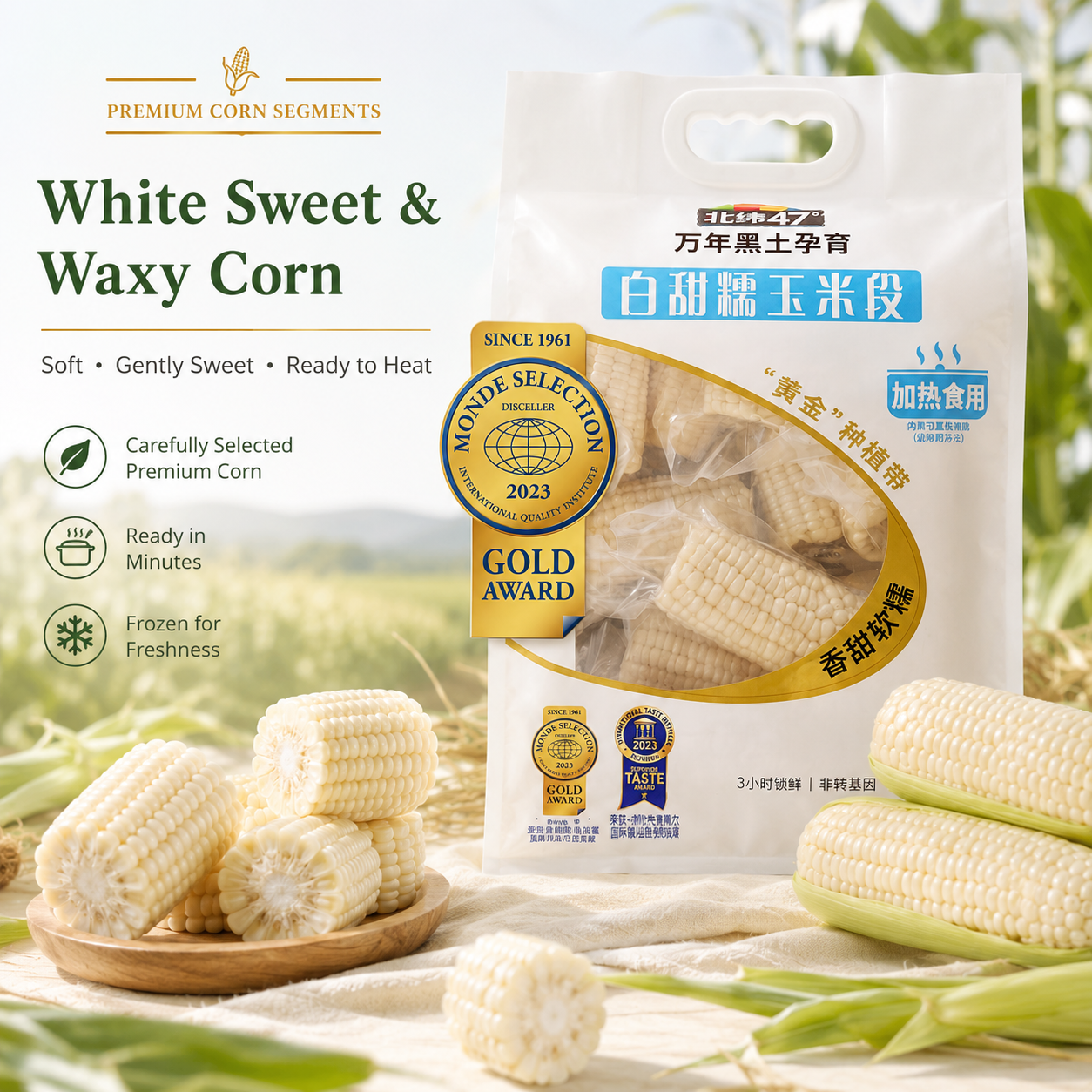 Segments de maïs blanc sucré et cireux de haute qualité, sélection Monde, prix Or, maïs surgelé emballé sous vide individuellement, maïs comestible à chauffage rapide et pratique