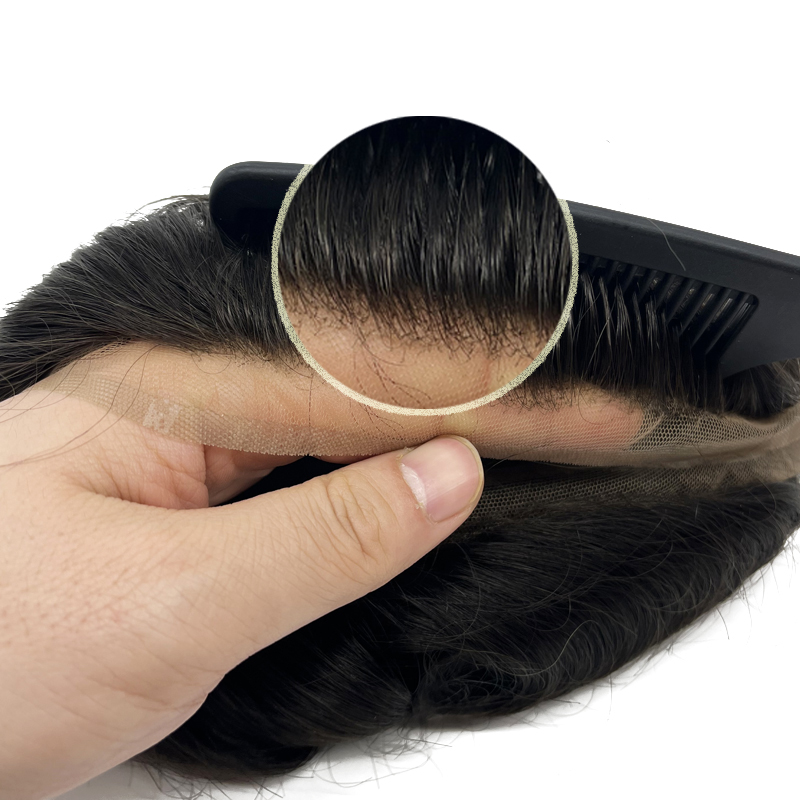 Sistema de cabelo de renda francesa super respirável, prótese de cabelo com nó branqueado para homens, peruca de cabelo humano com renda francesa