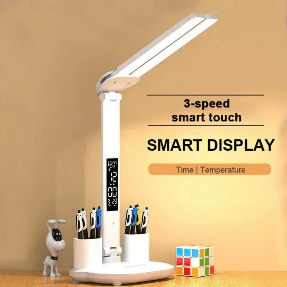 Relógio led candeeiro de mesa usb exigível regulável lâmpadas de mesa 2 cabeças 180 girar dobrável proteção para os olhos desktop leitura luzes da noite