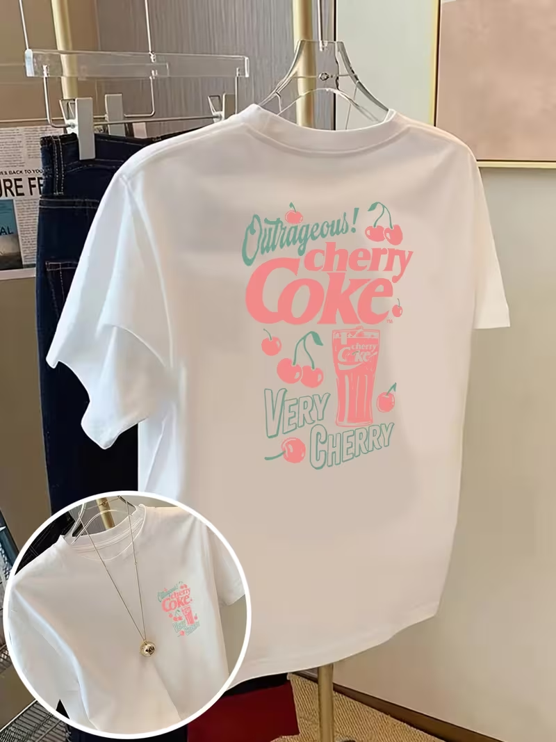 Женская футболка 2026 с принтом Cherry Coke спереди и сзади, повседневная, с круглым вырезом, коротким рукавом, для весны и лета, уличный стиль