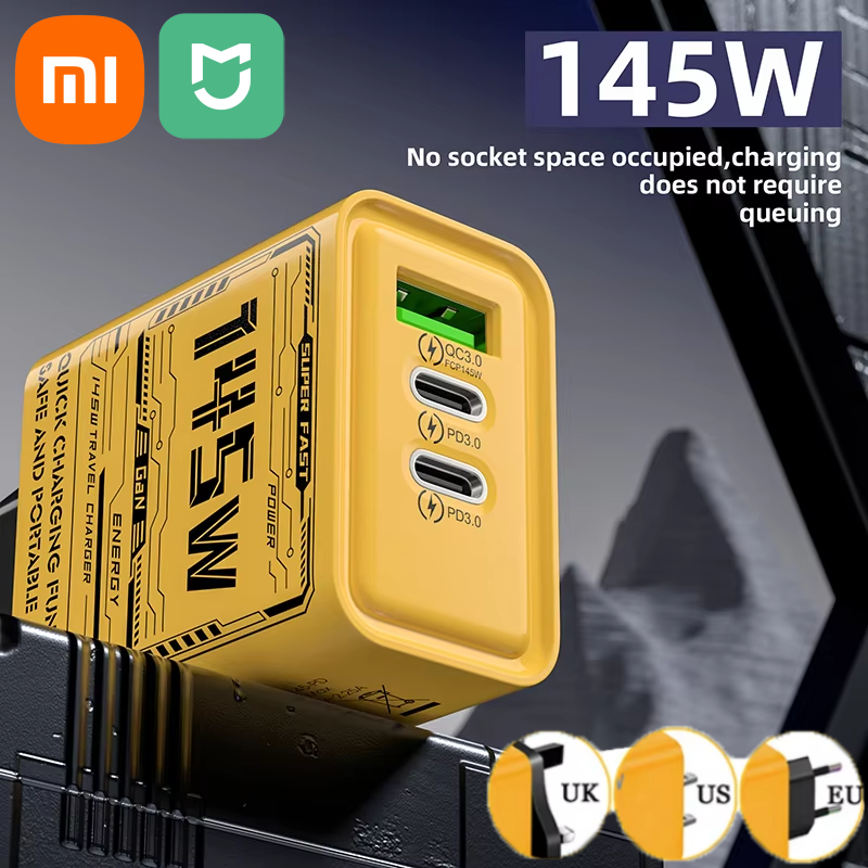 Xiaomi 145W 3 puertos cargador rápido USB tipo C cargador rápido para teléfono móvil UE EE. UU. Reino Unido enchufe adaptador de cargador para iPhone 16 Pro Samsung