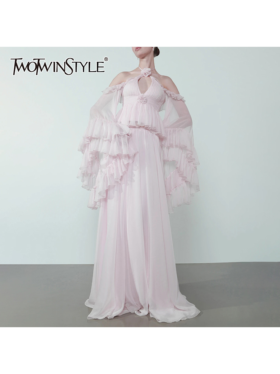 TWOTWINSTYLE Ensemble deux pièces fleuri ajusté pour femme, haut à col halter et épaules dénudées à manches évasées, jupe plissée patchwork, ensemble uni pour femme