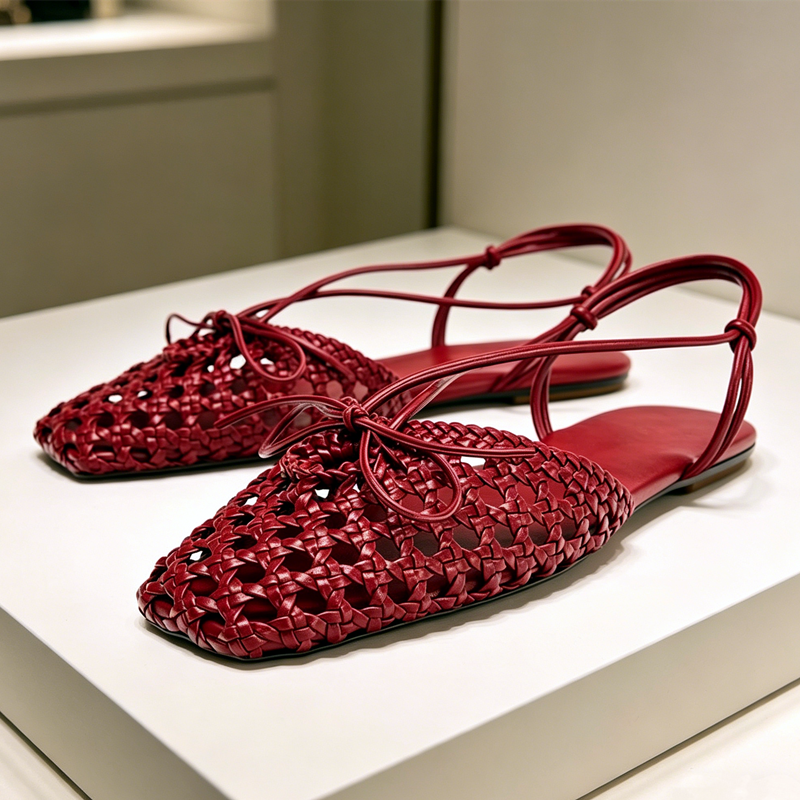 Sandalias Planas Tejidas a Mano con Tira Trasera para Mujer, Diseño Trenzado en la Parte Superior, Sandalias Planas con Tira Trasera y Detalle de Lazo para Chicas, Zapatos Casuales de Verano