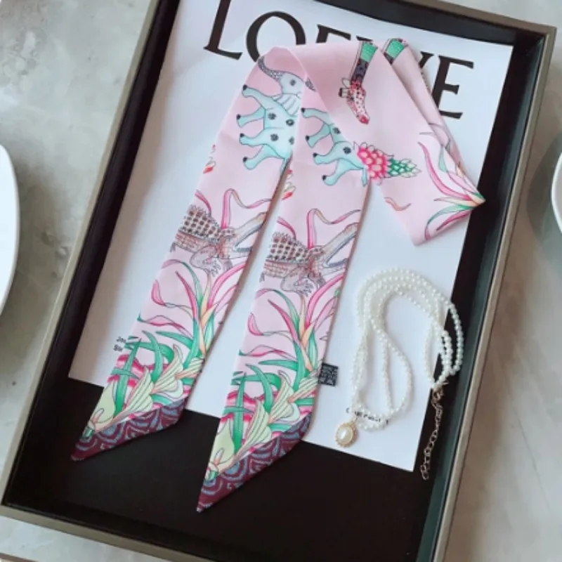 Verão novo design animal elefante feminino decoração sarja fita longa saco de ligação fita de seda cinto de cabelo venda quente pequeno cachecol