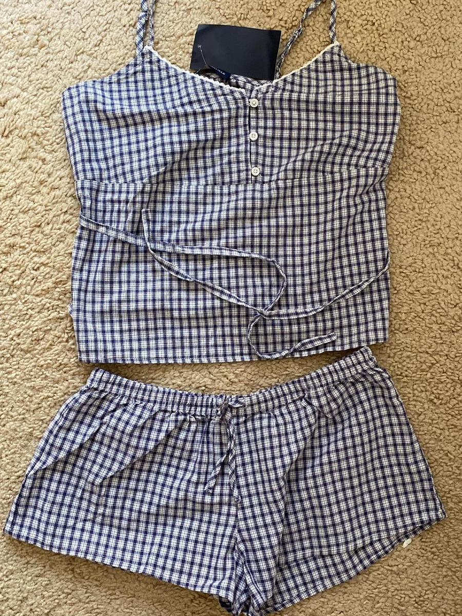 Pantaloncini senza maniche scozzesi blu scuro Set da 2 pezzi Bottoni con finiture in pizzo da donna Camis con lacci + Pantaloncini con coulisse Set vintage in cotone dolce per la casa