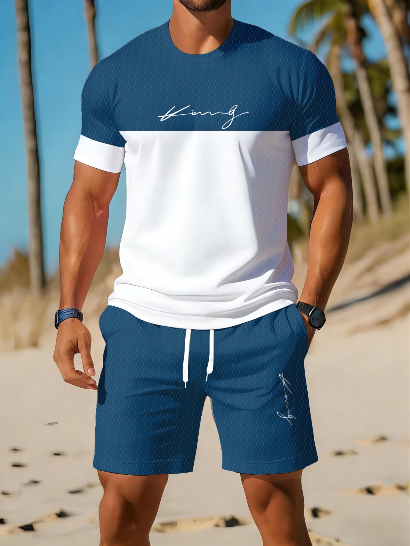Conjunto de Verão Masculino com Estampa 3D, Casual, de Manga Curta, Adequado para Esportes, com Camiseta de Gola Redonda e Shorts.