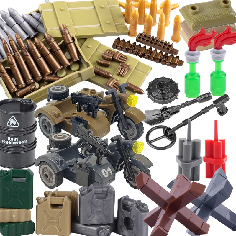 MOC WW2-caja de armas de barril de aceite militar, bloques de construcción, accesorios de escena de guerra, bala explosiva, bolsa de arena para motocicleta, juguetes de ladrillos