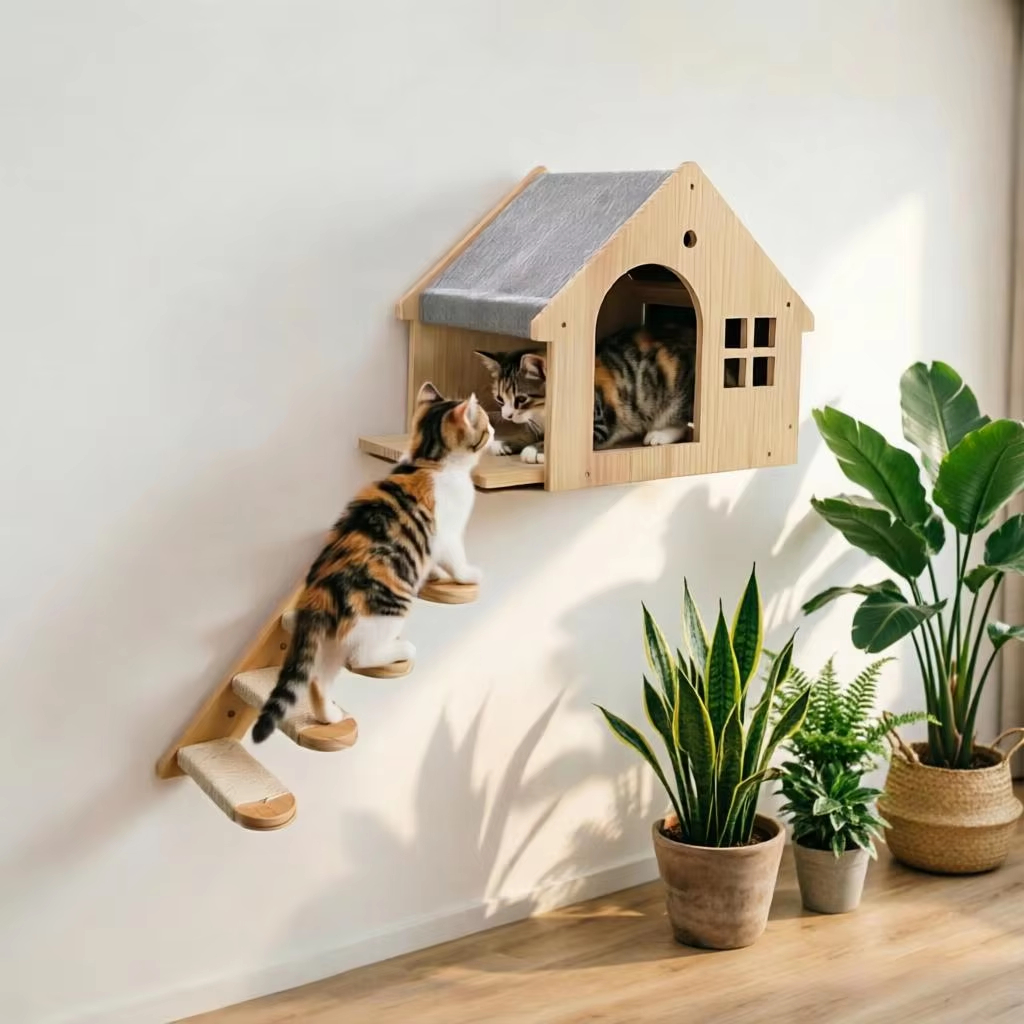 1 st. Wandgemonteerde kattencondo villa, houten kattenklimrek, zwevend plankje, kittenhuis, wandmeubel voor slapen en rusten