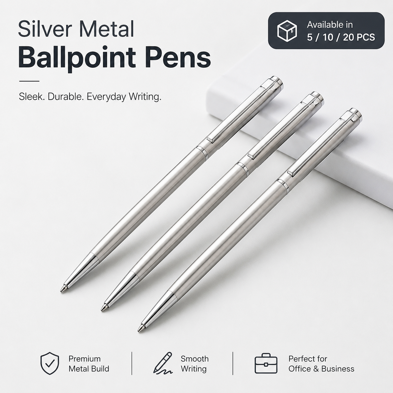 Bolígrafos de acero inoxidable, bolígrafos de escritura de punta media de metal plateado, bolígrafos de escritura suave para oficina y escuela, 5/10/20 piezas