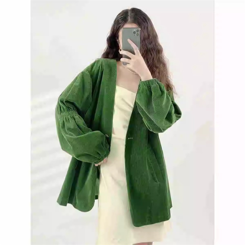 Groen Retro Corduroy Korte Jas Voor Dames In De Herfst 2024 Nieuwe Losse En Veelzijdige High-End Pak Top Effen Kleur Woon-Werkverkeer Wlf