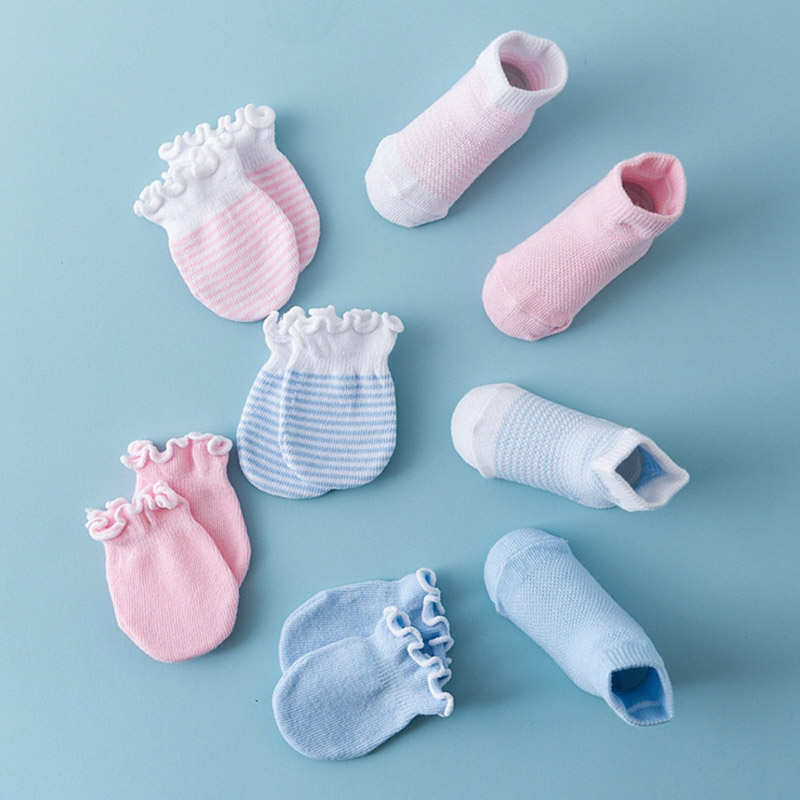 Conjunto de meias e luvas de bebê, cor sólida, algodão macio, luva plissada, faixa bonito, elástico, criança infantil, recém-nascido, menina, menino, 4 pares por conjunto