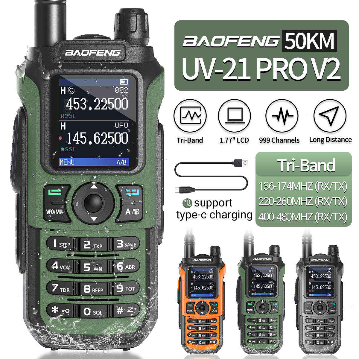 Baofeng UV-21 Pro V2 Wireless Copy Frequency Waterproof 16 KM Long Range Walkie Talkie Flashlight Type-C Charger UV 5R Ham Radio