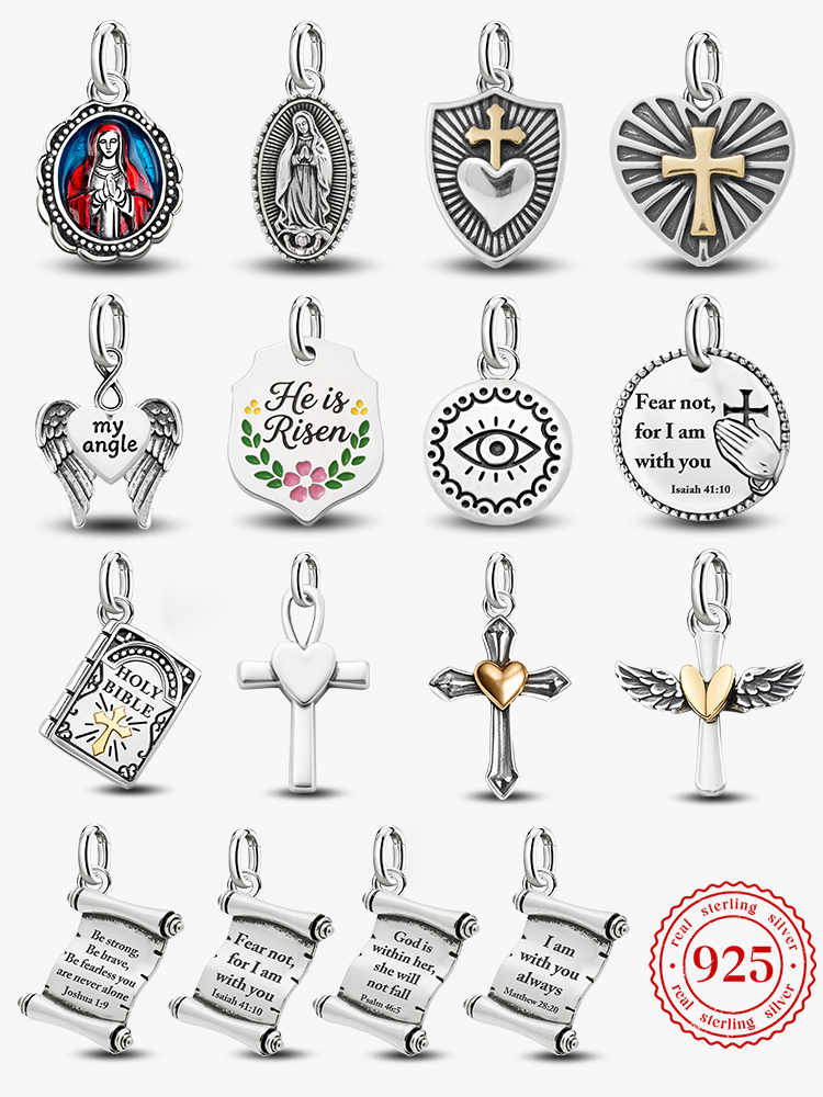 Ciondoli Vintage Regolabili in Argento Sterling 925, Croce e Madonna, Charm e Perline Compatibili con Bracciali e Collane Originali, Gioielli Fai-da-Te