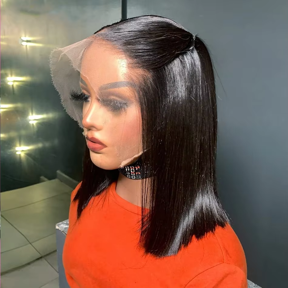 Pelucas cortas rectas tipo bob, pelucas frontales de encaje 13x4 de cabello humano, pelucas cortas tipo bob 4x4 con encaje transparente pre-arrancado 200% Remy para mujer