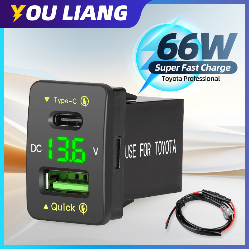 66W USB PD & QC3.0 โทรศัพท์มือถือ FAST CHARGE สําหรับ Toyota ประเภท C ปลั๊กไฟ LED โวลต์มิเตอร์ 12V 24V Car Charger อุปกรณ์เสริม