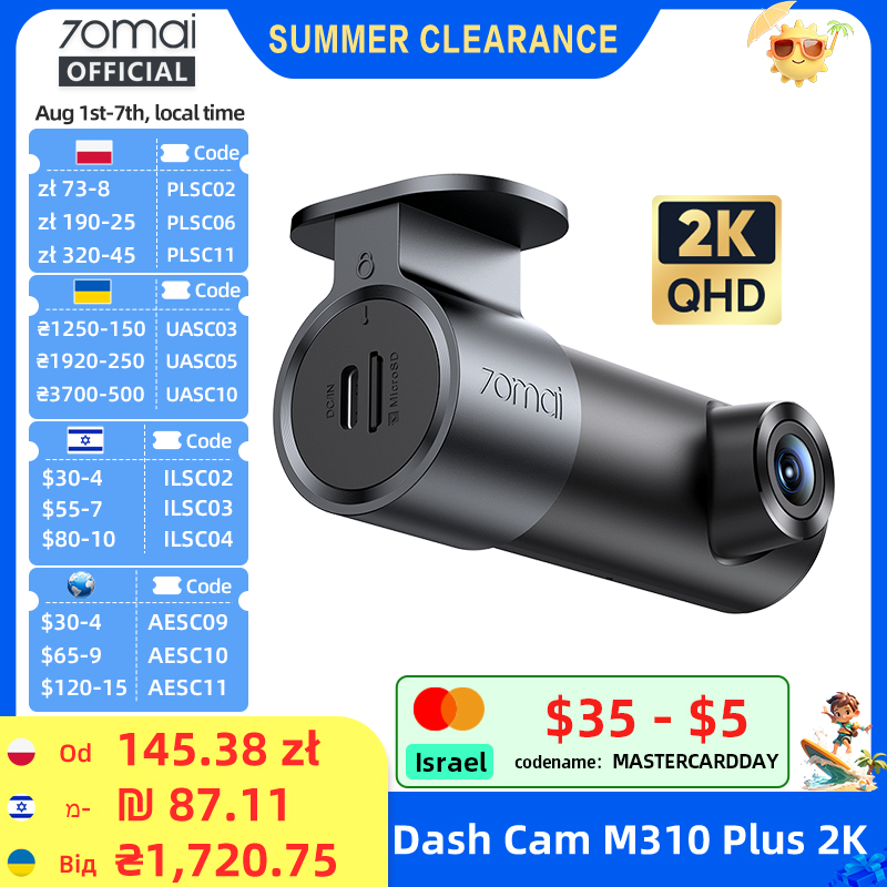 Cámara para Auto 70mai M310 Plus 2K con Control por Voz en Inglés, 1440P, WDR, Visión Nocturna, Vigilancia de Estacionamiento 24H, DVR para Auto 70mai M310 2K con Wi-Fi 6
