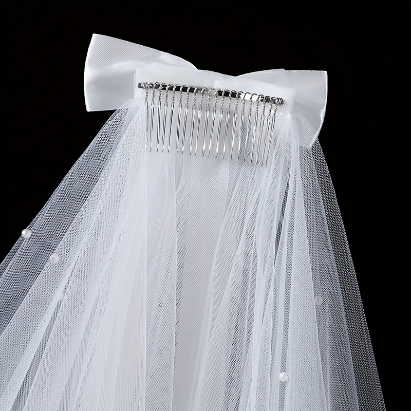 Velo de novia vintage con adornos y cinta de lazo de satén, diseño romántico de tul transparente para compromiso, propuesta, fotografía