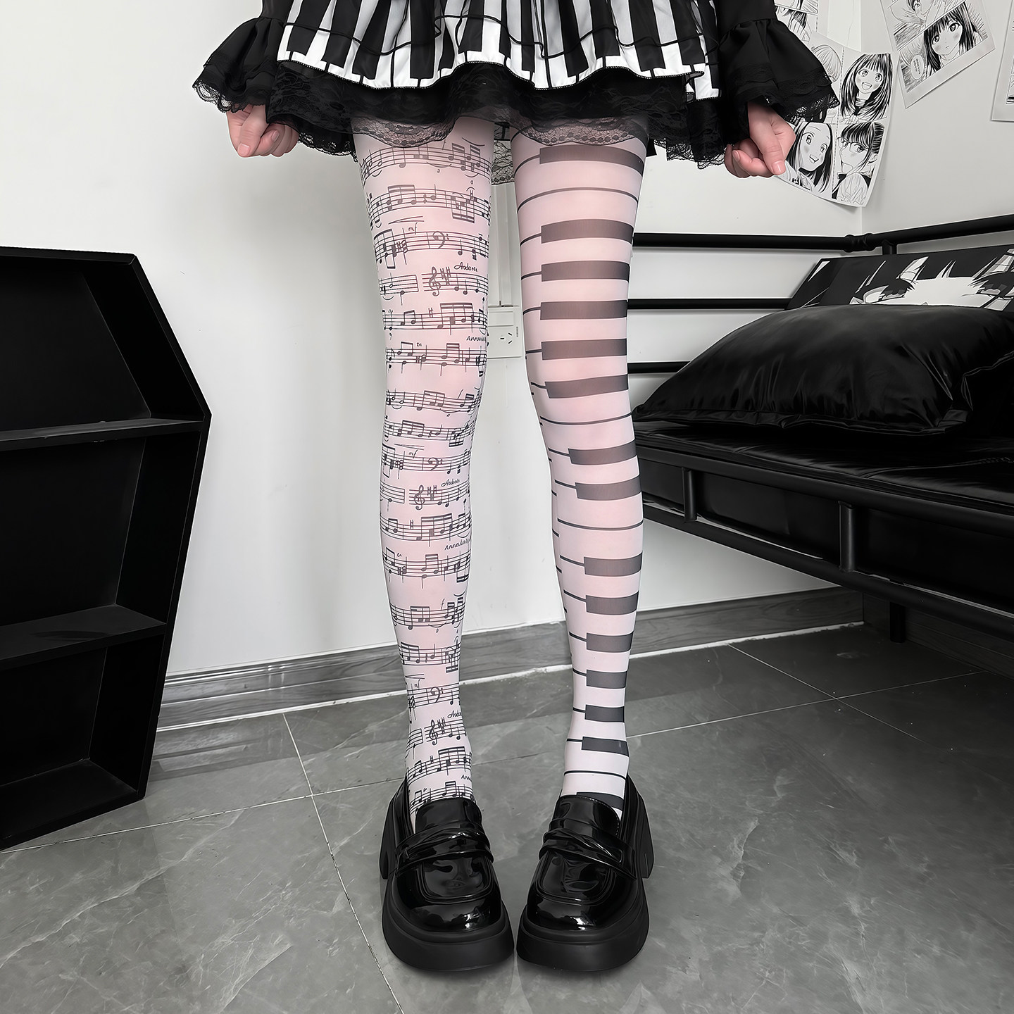 Collants fantaisie Y2K à motif notes de musique et piano, blancs, fins, taille unique, pour filles, style gothique, subculture, graffiti, punk, imprimés