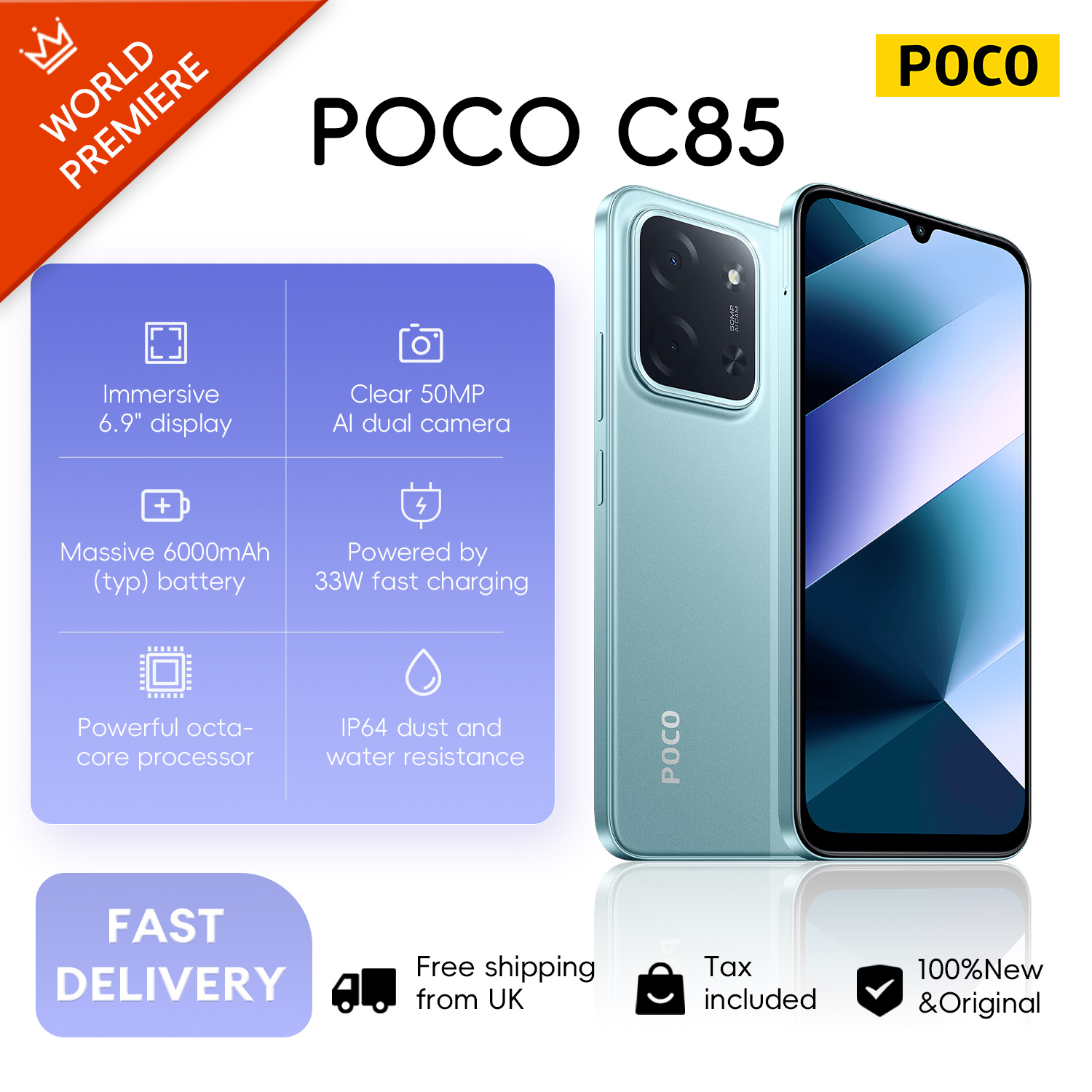 POCO C85 4G 6+128GB Global Version 6.9“ 120Hz Dot Drop Display MediaTek Helio G81-Ultra 50MP Main Camera 6000mAh 33W NFC IP64