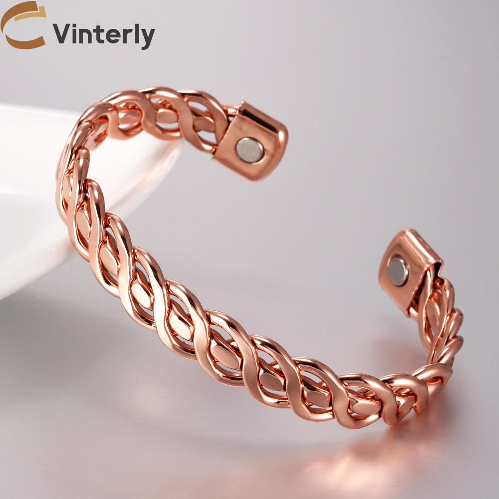 Vinterly pulseiras de cobre puro masculino magnético trançado chicote ajustável pulseira artrite saúde ímã jóias metal anti radiação