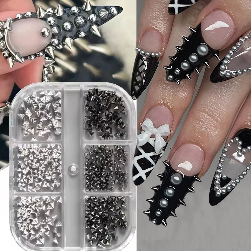 150pcs 3D Black Silver Metallic Rivet Punk Nail Rhinestones 6Grids Tiny Cone Spike Studs Nail Charms Mixed Aolly Mini Rivet Deco
