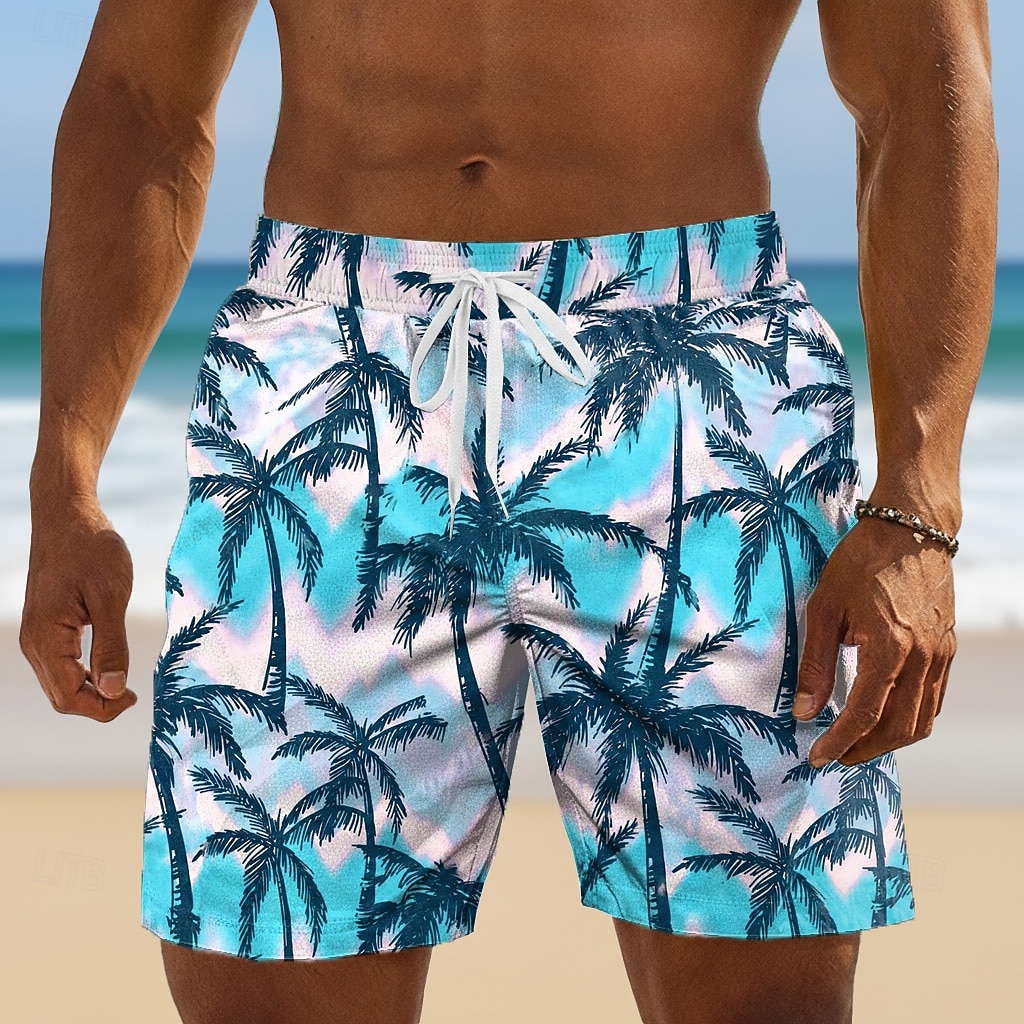 Herren-Shorts mit Kordelzug und blauem Palmen-Print im Tie-Dye-Stil, lässige, lockere Passform für den Alltag im Frühling und Sommer sowie für Strandurlaub