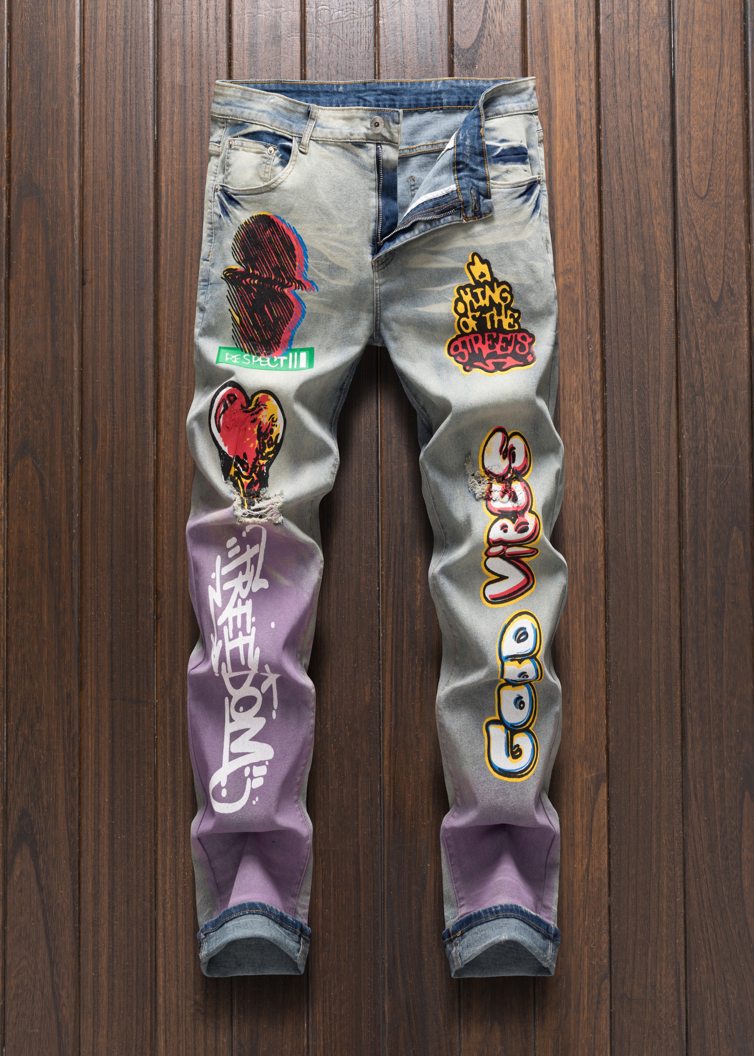 Calça jeans masculina casual estampada versátil elegante slim fit com buraco reto vintage