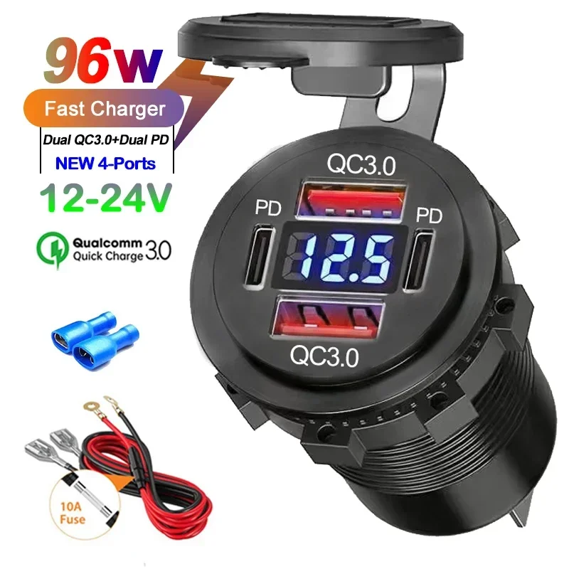 Chargeur USB étanche pour voiture et moto avec voltmètre, adaptateur de prise de courant, 96W, touriste, PD QC3.0, 12V, 24V, bateau, camion, moto