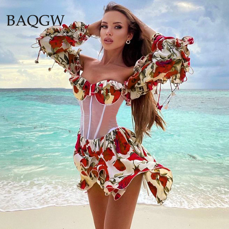 Sexy Blume Puff Hülse Druck frauen Mini Kleid Liebsten Dünne Weibliche Vestidos 2023 Frühling Sommer Strand Party Dame Kleider