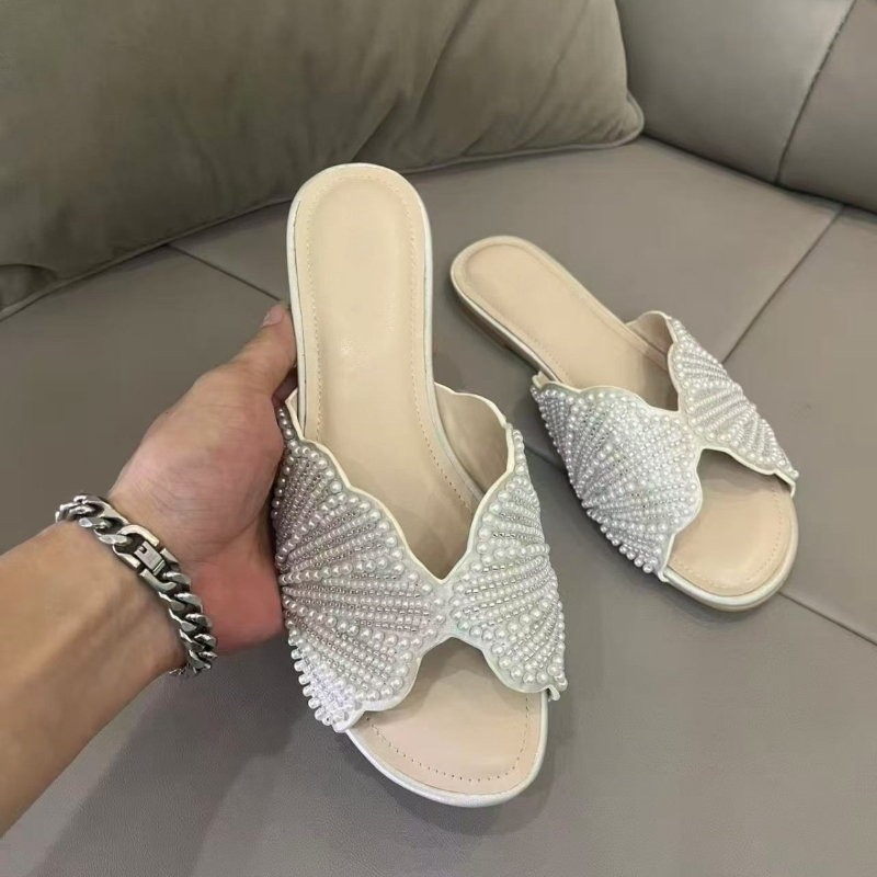 Sandalias de Verano para Mujer, Diseño Peep Toe, Casuales, Cómodas para la Playa, Adornadas con Conchas y Diamantes, Planas