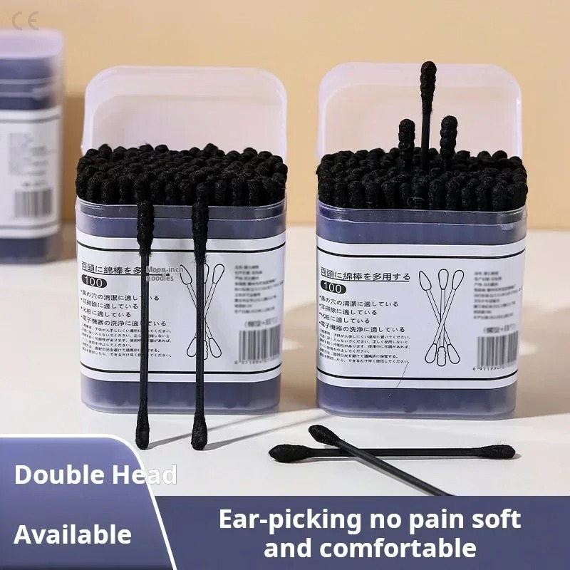 Hisopos de algodón negros, hisopos desechables de doble punta para espinillas, hisopos de algodón japoneses, nueva caja limpia