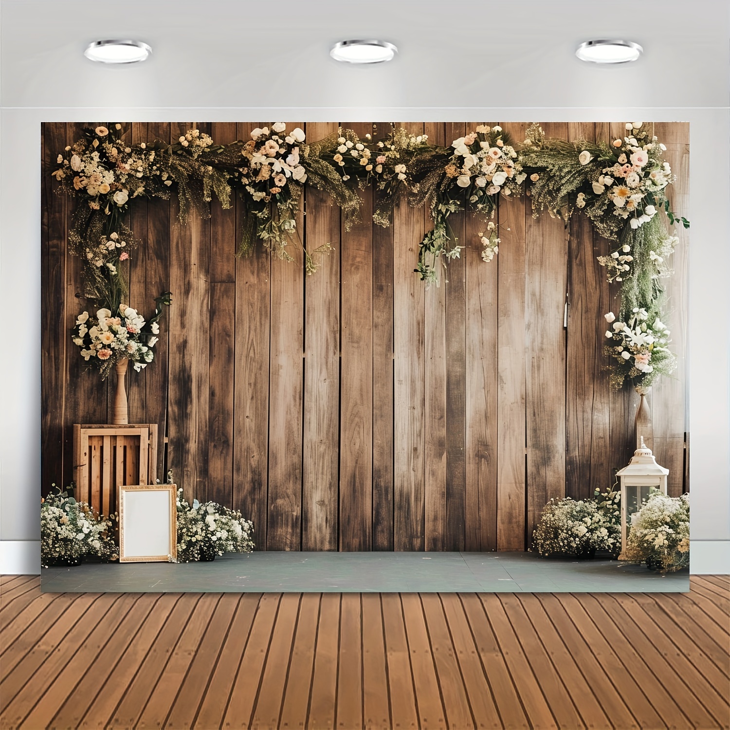 Fondo de boda con flores simples, Fondo de pared de madera, regalo nupcial, propuesta de fotografía de ceremonia, 1 unidad