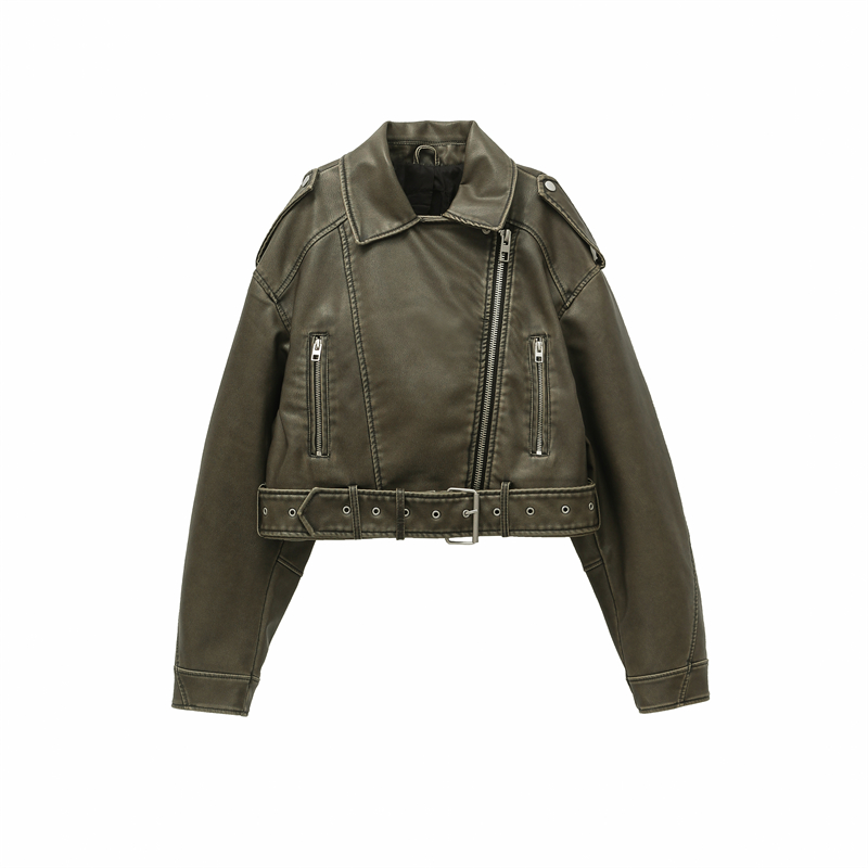 Zvu 2025 feminino vintage solto plutônio falso couro jaqueta curta com cinto streetwear feminino zíper retro moto biker casaco outwear topos