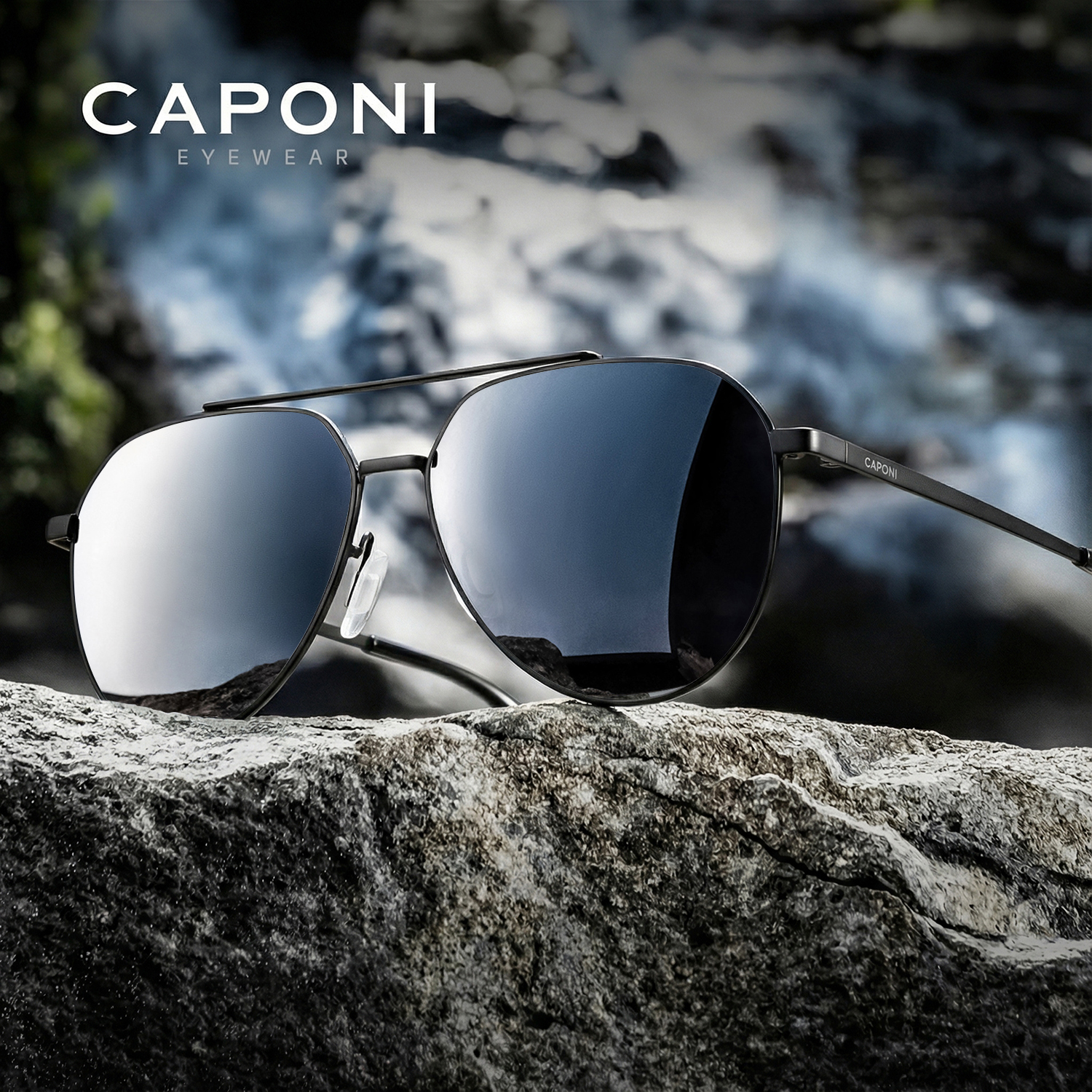 CAPONI Pilot Occhiali da sole polarizzati da uomo neri Doppio ponte Occhiali da sole da guida per esterni UV400 Design originale Tonalità nere CP35713