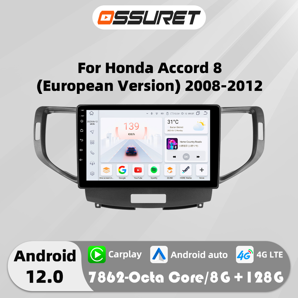 9 "7862 Android 12 Autoradio dla Honda Accord 8 Acura TSX 2008-2012 Odtwarzacz multimedialny GPS navi Stereo 2din Jednostka główna 4G Carplay