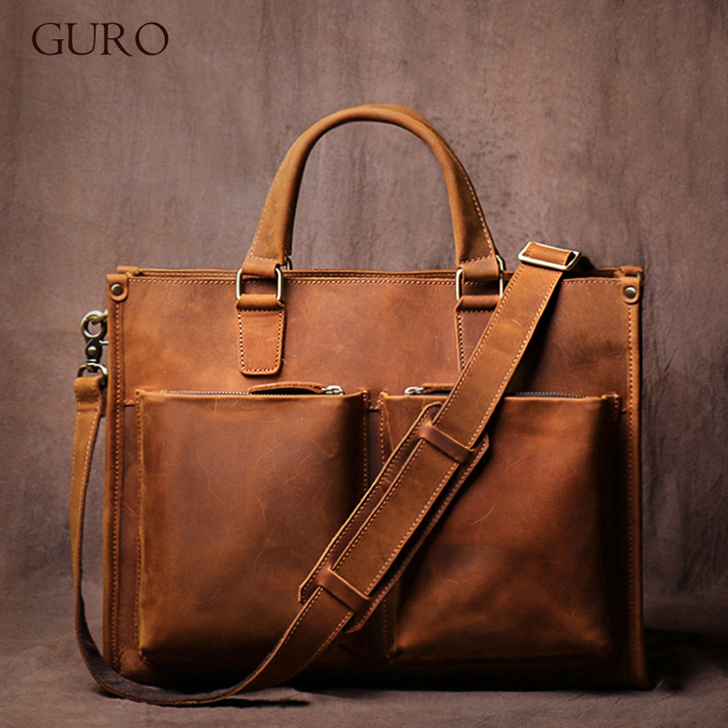 GURO-Bolsa de Ombro Vintage Couro Genuíno Masculina, Bolsa Crossbody, Pasta de Luxo, Pasta Executiva, Laptop, Qualidade Superior, 14"